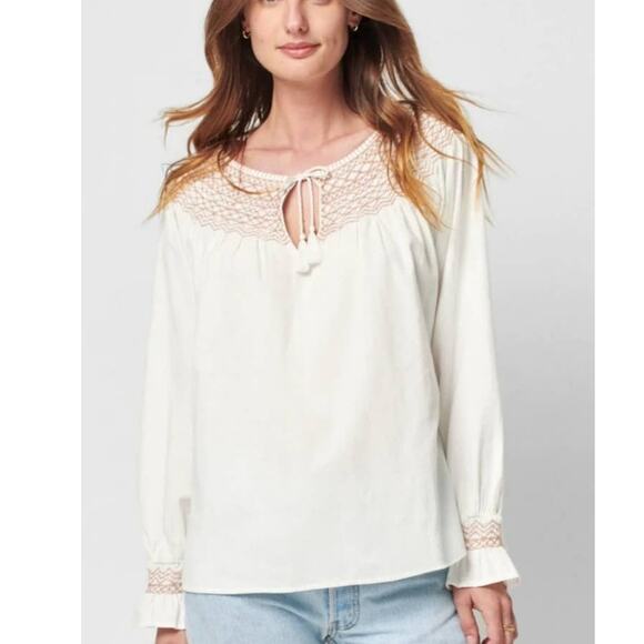 Faherty Blouse Women's S Laura Organic Cotton Boho Peasant Embroidered Smocked - Picture 3 of 10